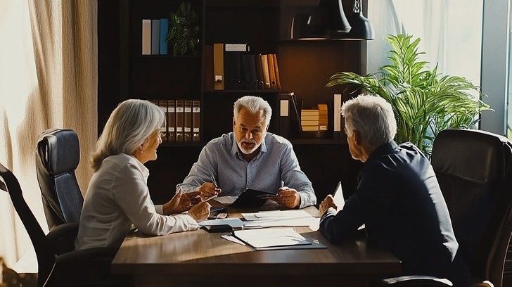 Tre personer diskuterar dokument vid ett skrivbord på ett kontor